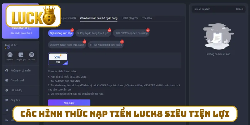 Các hình thức nạp tiền LUCK8 siêu tiện lợi